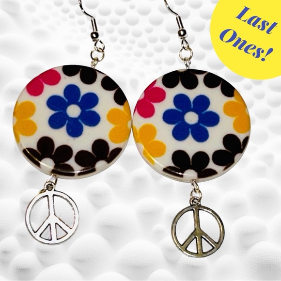 Hand Crafted Jewelry - Hand Crafted Earrings Flower Peace Hippie Boho Dangle Silver Pink Blue Pierced